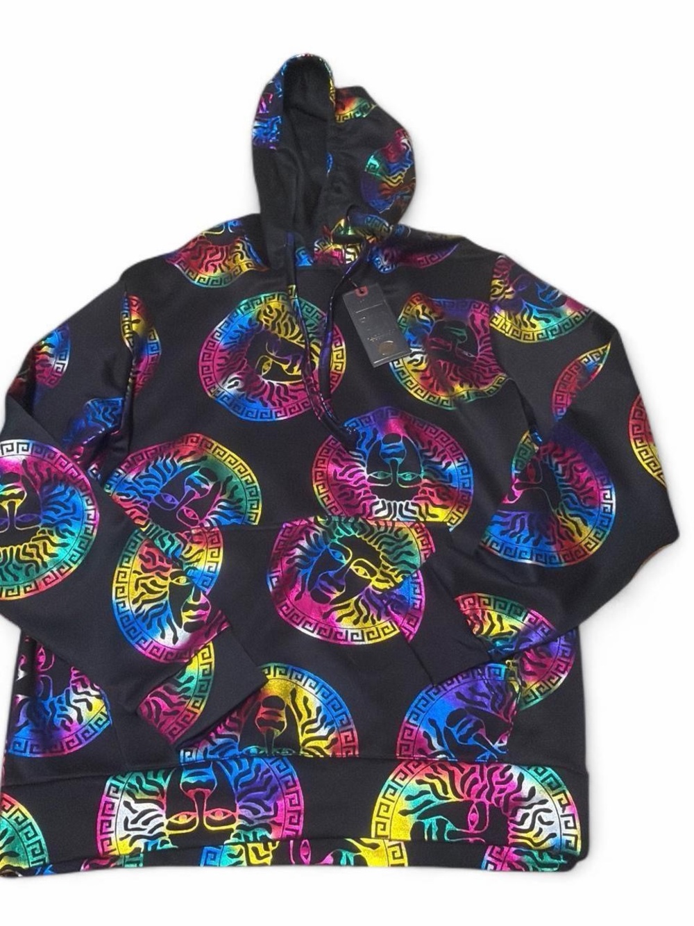 Men's Black Hoodie with Multicolor Medallion Print